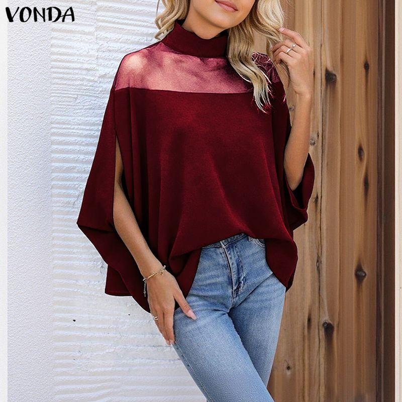 VONDA Women Stand Neck 3/4 Batwing Sleeve Mesh Patchwork Velvet Loose Long Tunic Blouse