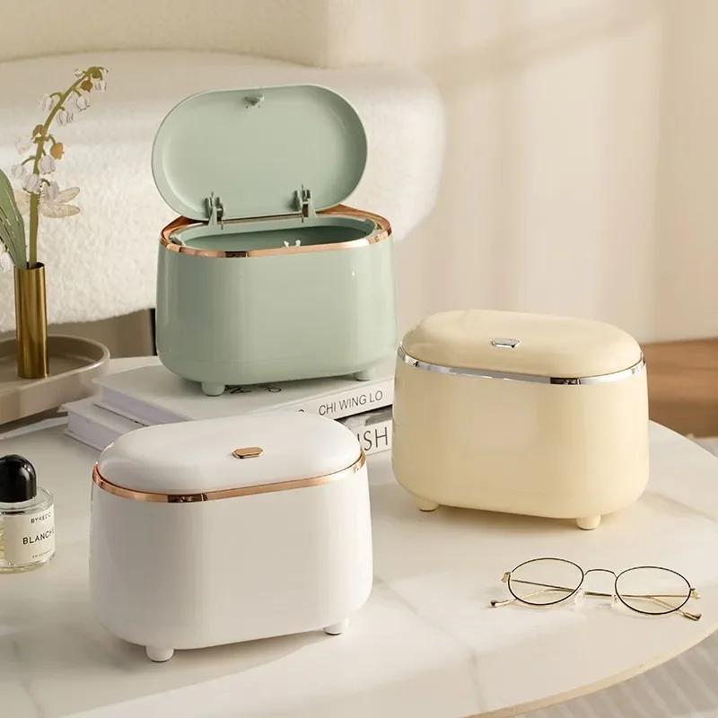 Mini Desktop Trash Can with Lid, Light Luxury Plastic Press Type Trash Can for Bathroom, Office, Bedroom, Living Room