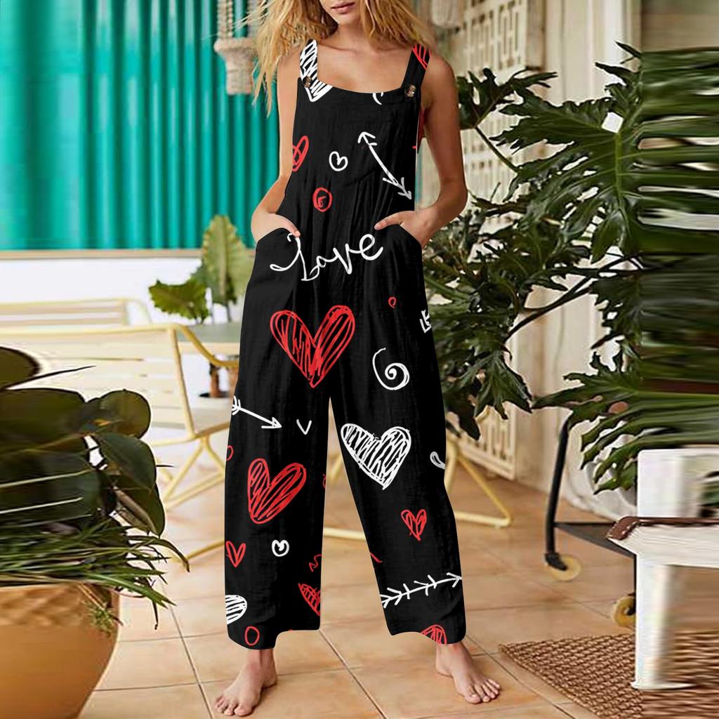Women's heart,shaped printed casual loose retro overalls cotton and linen one,piece pants