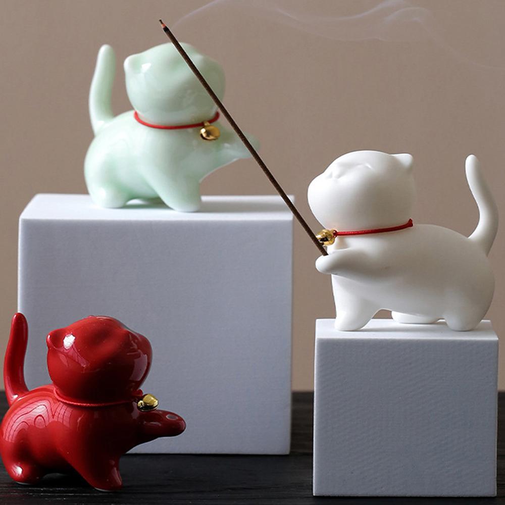 

1PCS Cute Incense Burne Mini Lovely Cat Ceramic Decorative Incense Burner Incense Stick Holder Home Decor Gifts-Without Incense ціан