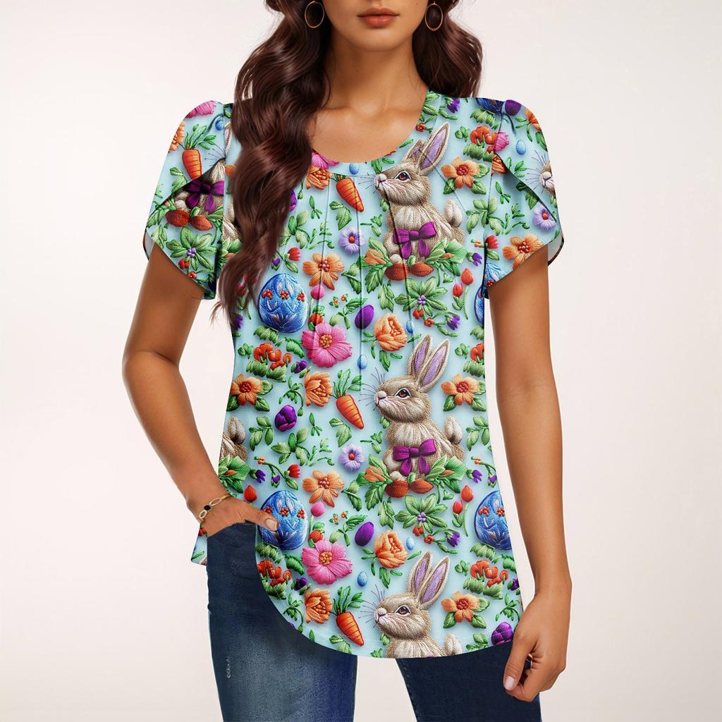 Women's Fashionable Round Neck Short Sleeve Printed Casual Basic Pleated Pullover T-shirt Top