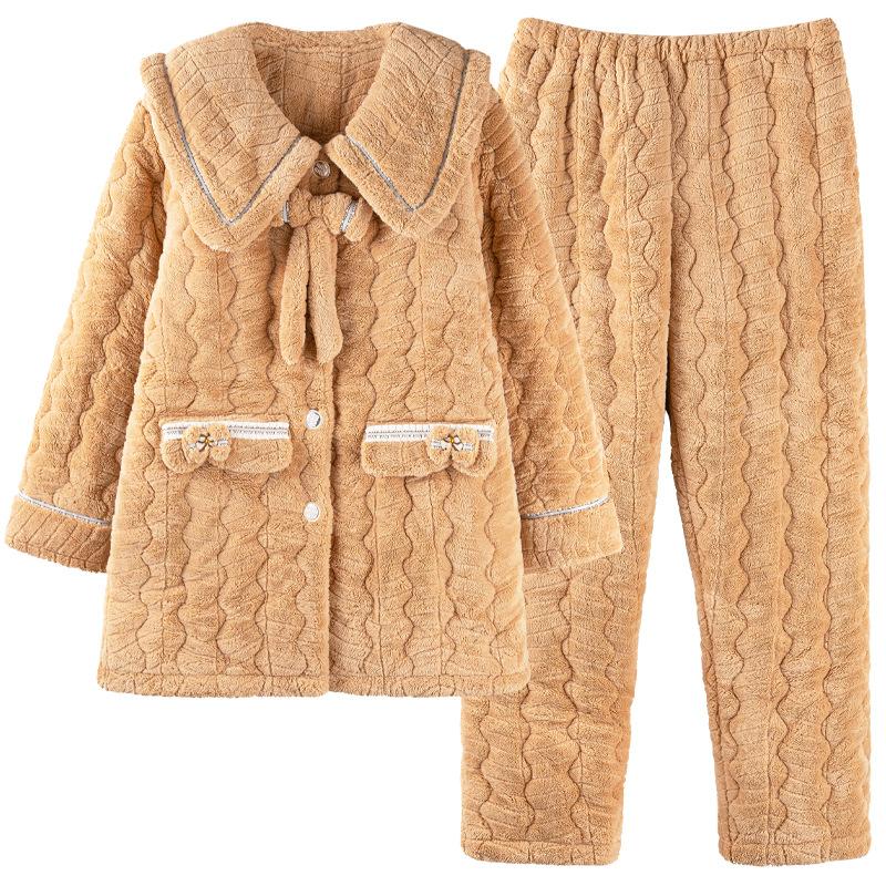 Pajamas Women'S Winter Three-Layer Padded Jacket Coral Fleece Fleece Thickened Flannel Medium And Long Loungewear Set Winter