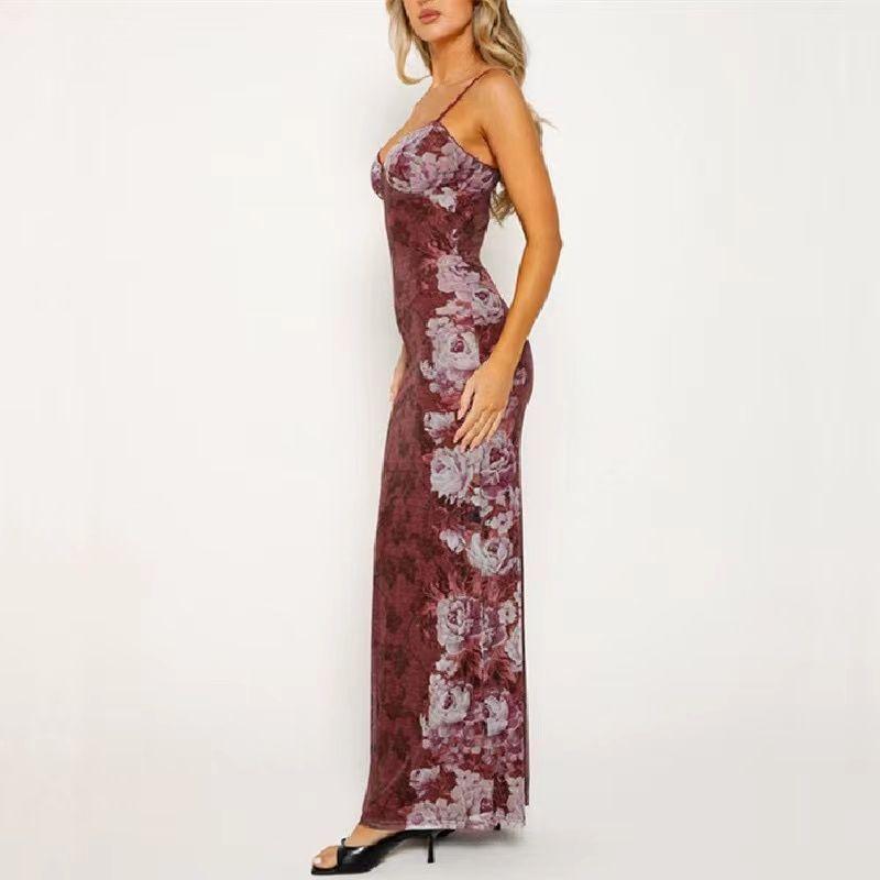 Fashion Retro Style Lace Rose Floral Slim-Fitting Sling Dress Women's Autumn Fashion Sexy Temperament Sheath Dress