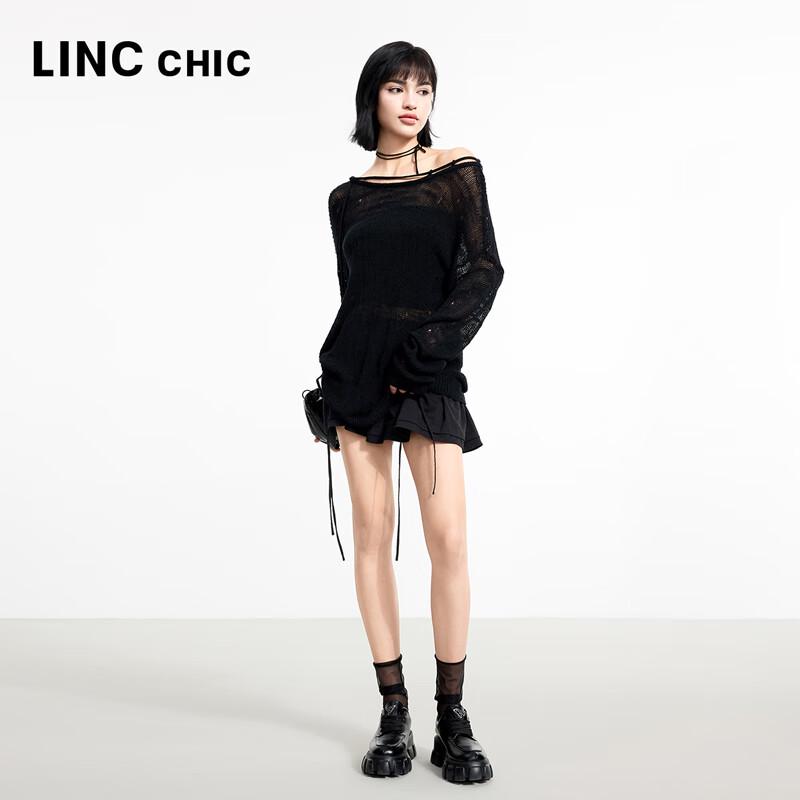 Jinyujie 2025 Spring Women's Sheer Hollow-Out Knit Long Sleeve Top