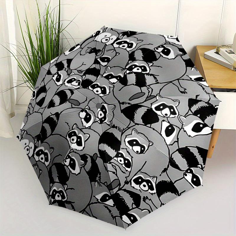 1pc Raccoon Pattern Automatic Open/Close Umbrella - Compact Travel Umbrella, 8-Rib Heavy-Duty Construction, Ideal Gift, Outdoor Accessory046