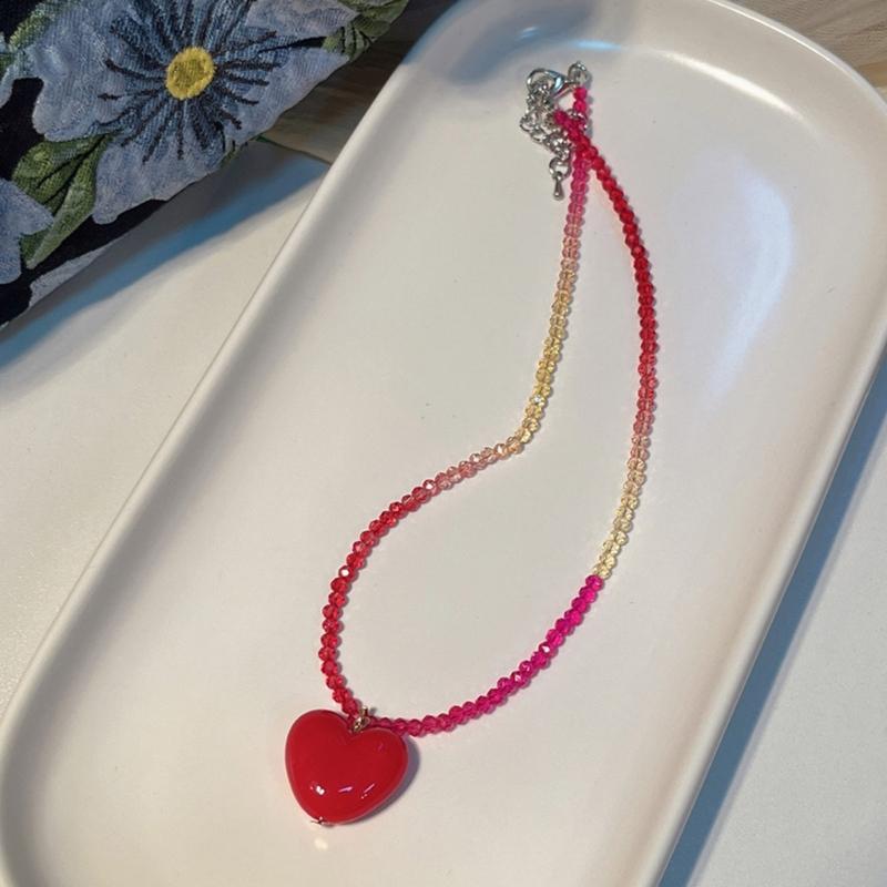 Fashion Sweet Heart Pendant Necklace Choker Neck Chain Elegant Clavicle Chain Gradient Crystal Beaded Necklace Jewelry