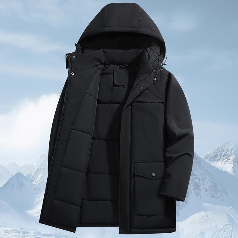 Large Size Cotton Jacket for Men, Medium To Long, with Added Velvet and Thick Cotton, Men's Detachable Hat