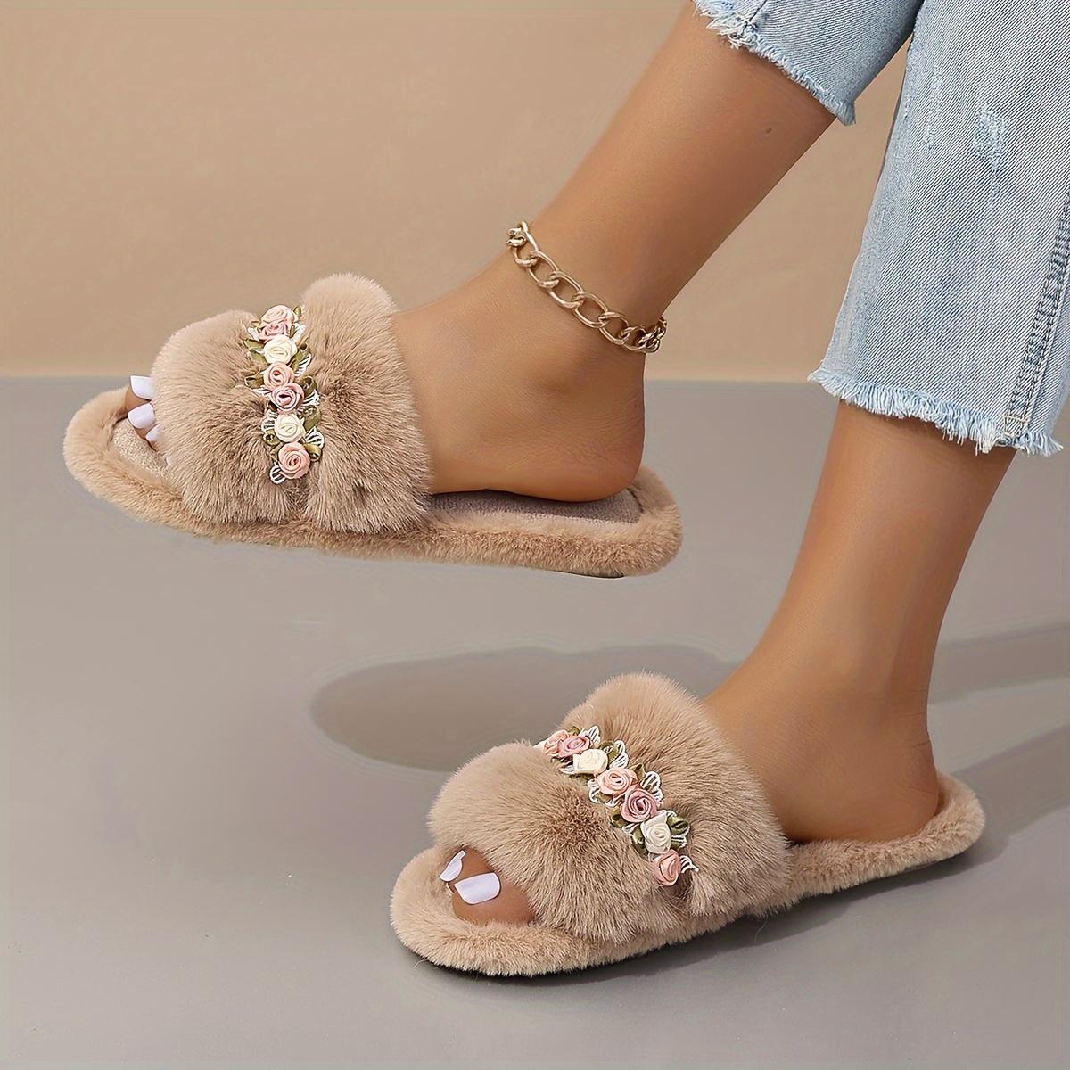 New Women S Home Plush Slippers, Fashionable Comfortable Casual Indoor Flat faux fur Slippers 36-37