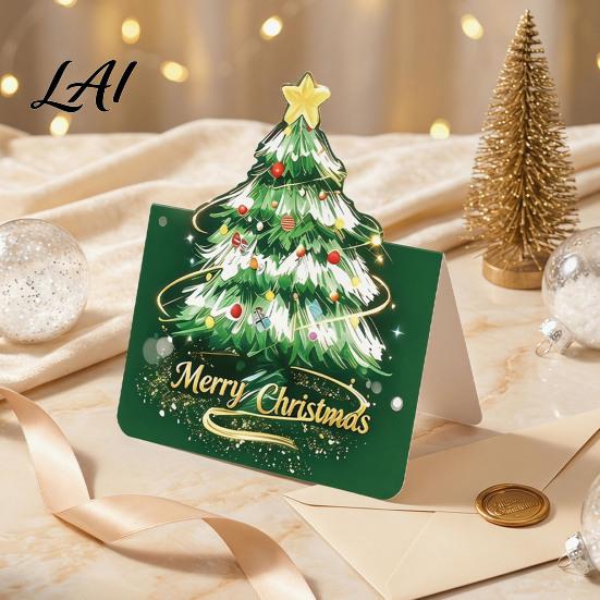 Folded Xmas Cards with Envelopes 10 Pcs 3D Christmas Tree Greeting Cards Holiday Postcards Decorative Bulk for New Year Winter Party Supplies