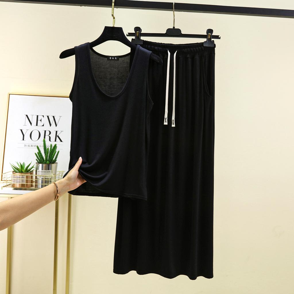 Modal Tanktops mit tiefem U-Ausschnitt und langer Rock Einfarbig Homewear 2-teiliges Set Locker Lässige Kleidersets Damen-Set