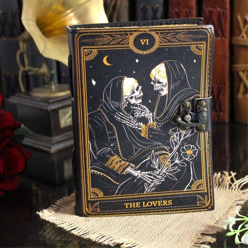Book of Spells Grimoire Printed Journal The Lovers Tarot Notebook Spiral Gothic Notebook Skull Lover Antique Journals Gifts for Men or Women