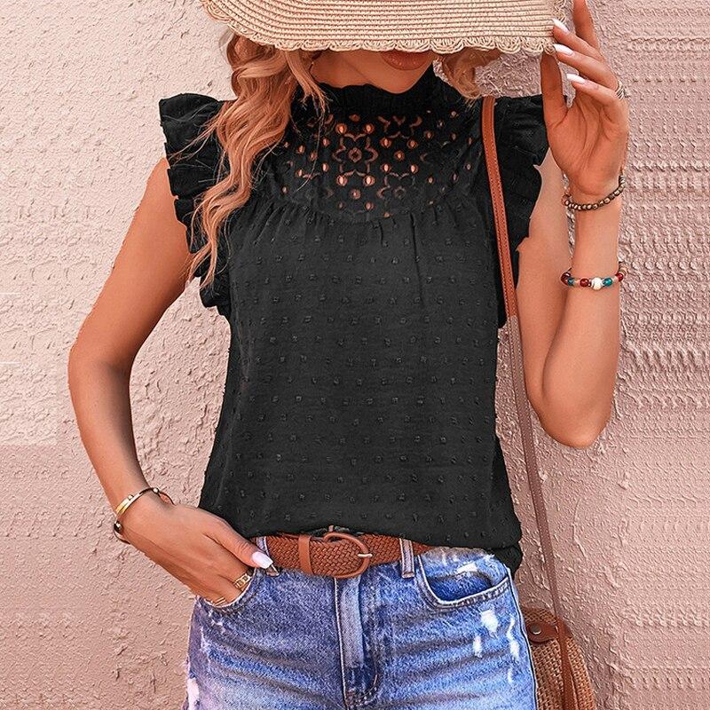 

Летняя летящая жаккардовая блузка с коротким рукавом Женская элегантная стойка воротник черная рубашка повседневные полые кружевные топы Blusas Mujer 25323