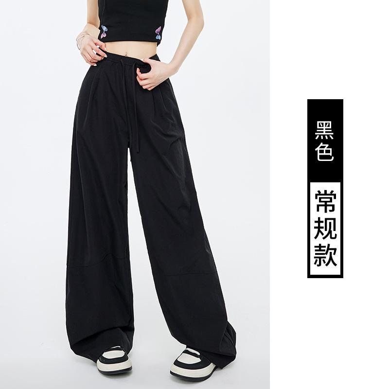 

Retro splicing wide-leg pants women s autumn new high-waisted elastic waist lace-up loose casual tooling trousers S