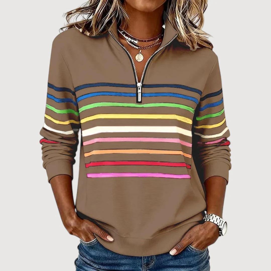

Autumn Winter Women s Striped Half-Zip Lapel T-Shirt Medium темно-коричневого кольору