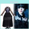 The Addams Family Wednesday Cosplay Costume With Black Hollow Out Dress For Halloween And Party