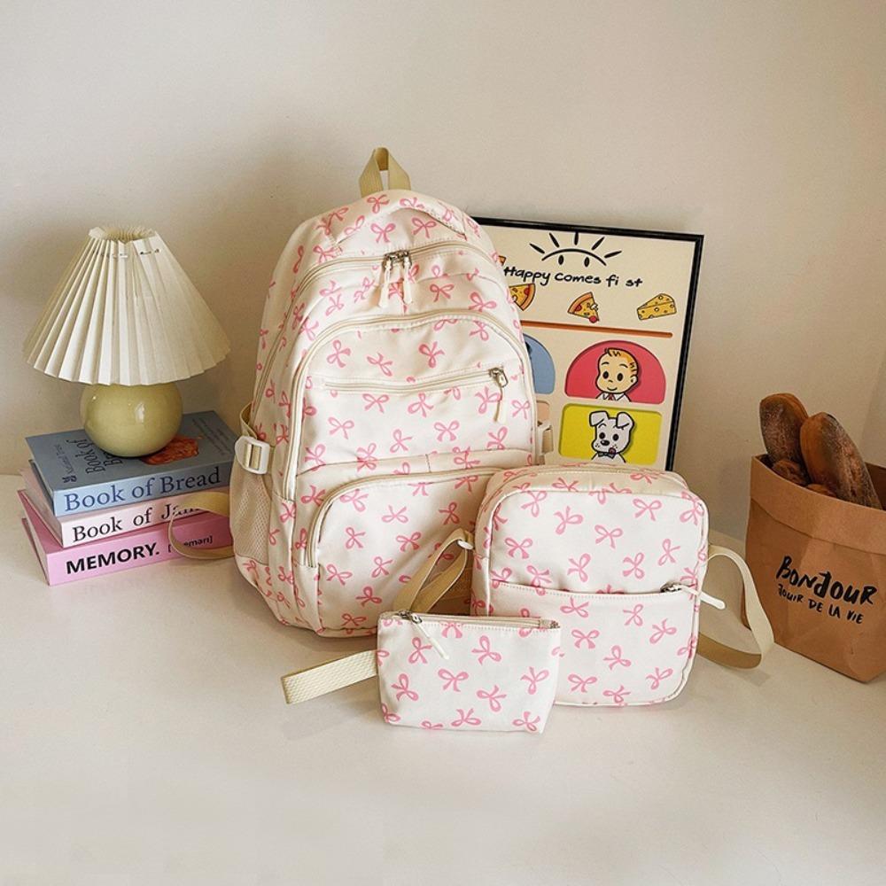 3 Pcs/Set Fashion Large Capacity Bow Backpack Nylon Adjustable Strap Student Backpack Bow Print School Bag