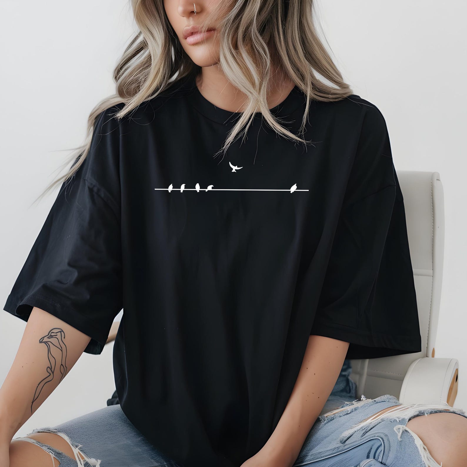 Birds on a Wire T-Shirt, Minimalist Bird Lover Tee, Women s Animal Shirt S