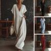 Women's V Neck Maxi Dress Summer Cotton Linen Flowy Beach Sundress Lace Trim Casual Loose Long Dress with Pockets