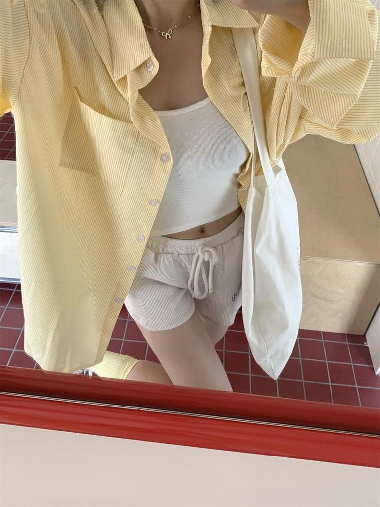 Korean Style Yellow Striped Long Sleeve Mid-Length Shirt Jacket for Women