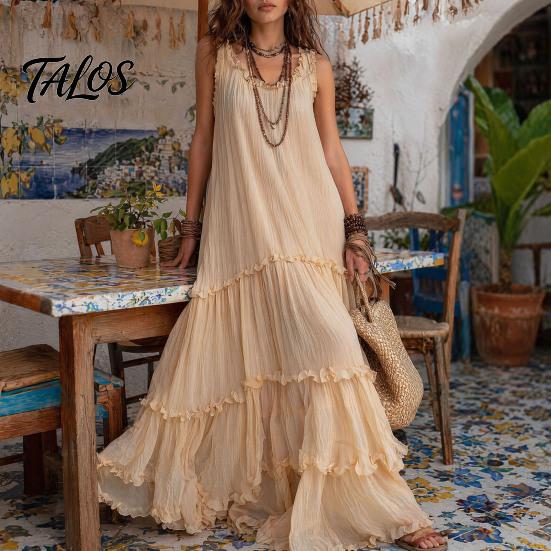 Talos Summer Ruffle Tiered Swing Dress for Women, Boho Beach Flowy Maxi Sundress, Sleeveless A-line Loose Long