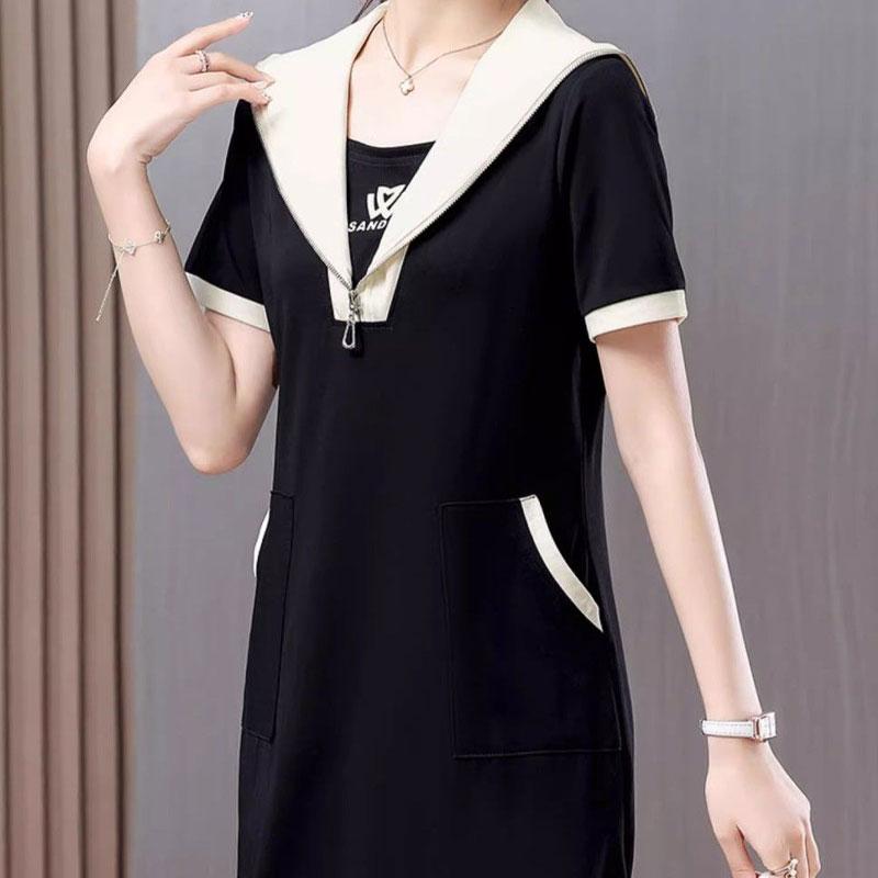 Summer Sailor Collar Midi Dress Zipper Short Sleeve Women's Clothing Casual Pockets Patchwork Basic Solid Color A-Line Dresses