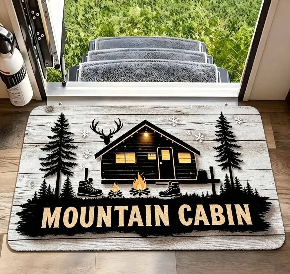 Woods Bear Cabin Door Mat Fishing Rod Pine Tree Silhouette Print Non Slip Indoor Outdoor Rug For Rustic Home Entrance Decor