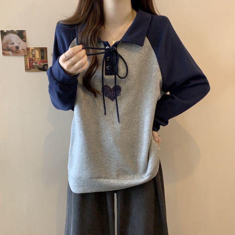 Women's Plus Size Polo Neck Hoodie: Autumn/Winter Korean Style, Loose Raglan Long Sleeve, Slimming Base Top for a Flattering Look