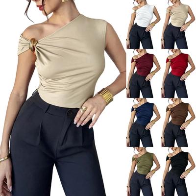 Women’s Asymmetric Neckline Top with One Shoulder Short Sleeve Fitted Stretchy Blouse for Casual or