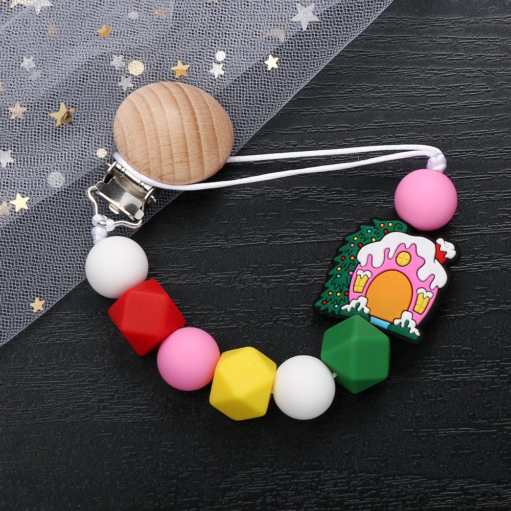 Silicone christmas Beads Pacifier Clips Wood Chew Dummy Chain Holder Infant Soother Chains Nipple Holder Baby Teething Toy Gifts