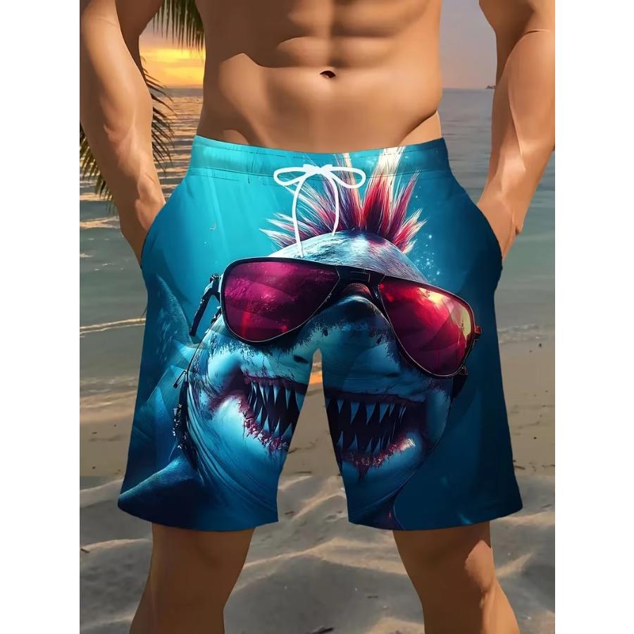 Trendy Cartoon 3D Shark Print Beach Trunks Quick Dry Drawstring Waist Oversized Casual Swim Shorts Hip Hop Street Summer Bottoms