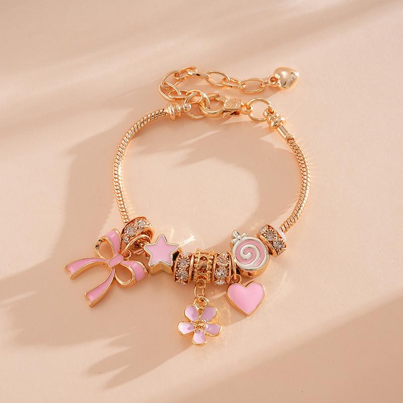 Sweet Pink Heart Star Bow Flower Bracelet for Women Pink Enamel Charm Pendent Adjustable Bangle Jewelry Daily Valentine Day