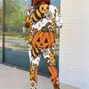 Women Plus Size Halloween Printed Two Piece Outfit Round Neck Long Sleeve Top Fitted Pants Set
