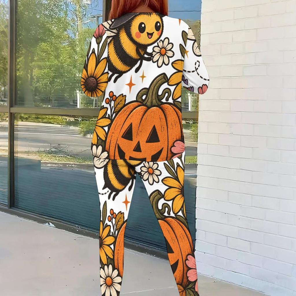 Women Plus Size Halloween Printed Two Piece Outfit Round Neck Long Sleeve Top Fitted Pants Set