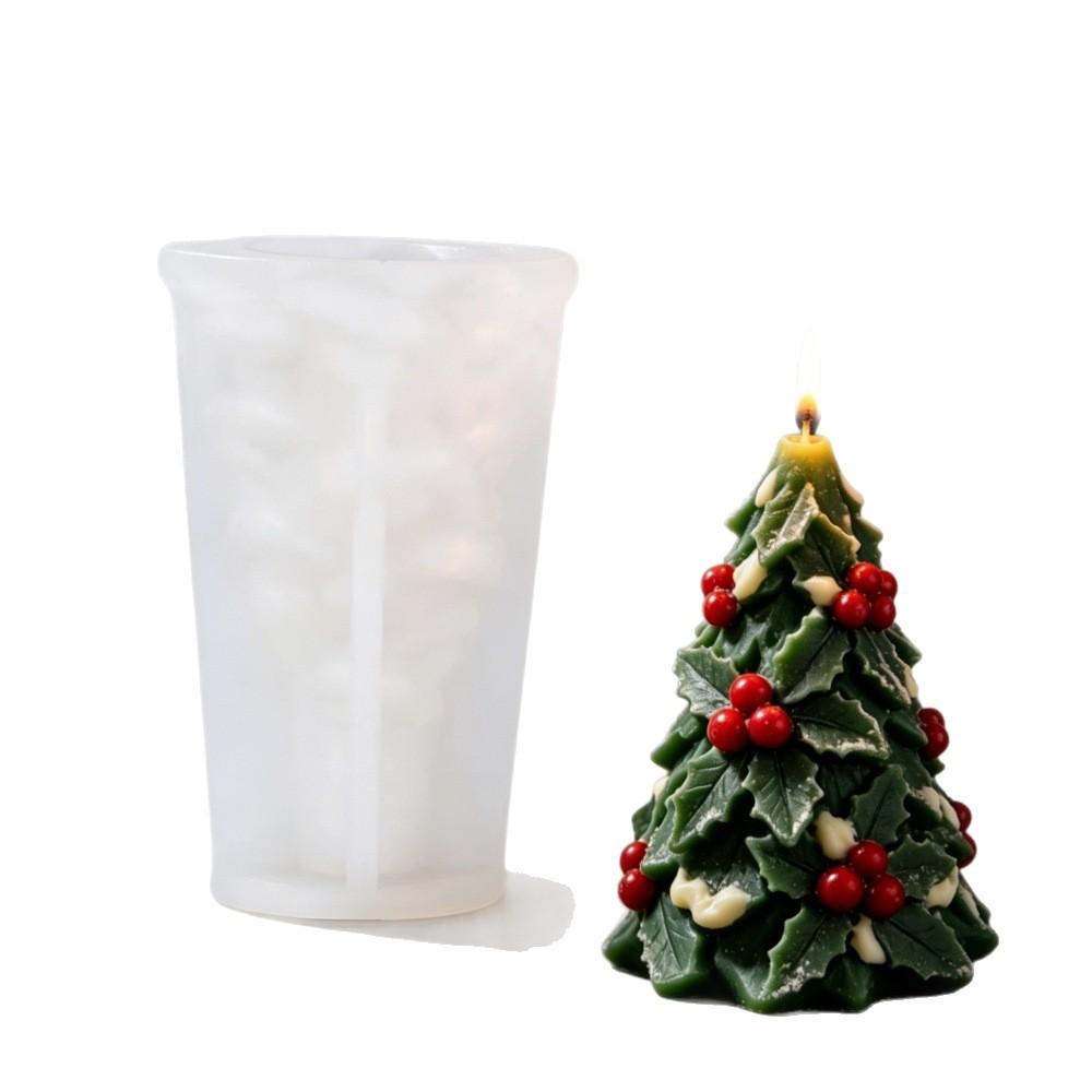 Christmas Holly Embossed Candle Mold for DIY Christmas Tree Candle Making, Silicone Resin Mold, Holiday Home Decor Craft Supplies