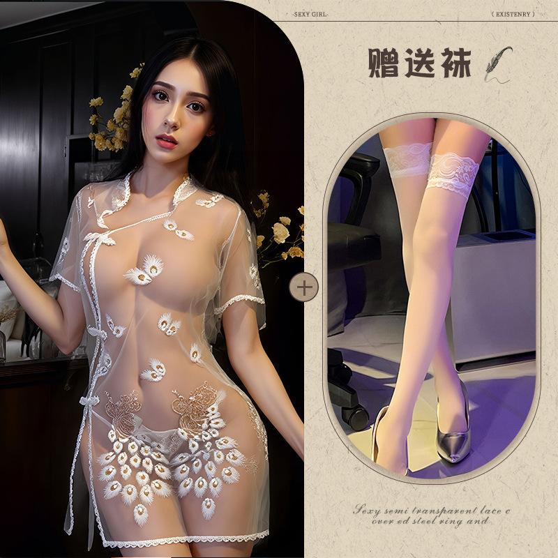 Embroidery embroidery erotic underwear sexy perspective temptation pure desire pajama set Republic of China cheongsam set