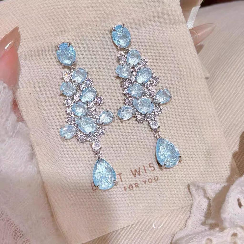 "Frozen" Heavy Industry Retro Court Wind Ice Transparent Blue Flash Diamond Fringed Earrings Light Luxury Stud Earrings