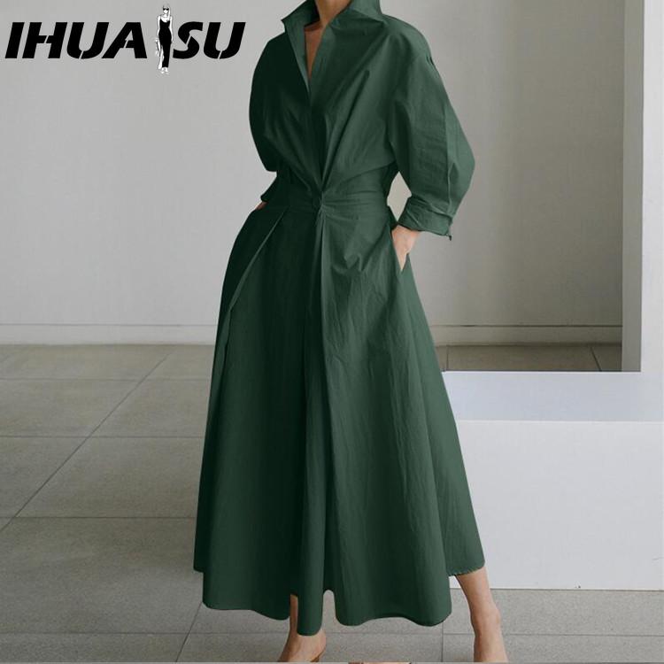 

IHUASU Женское повседневное свободное длинное платье с отложным воротником и длинным рукавом XXXXXL зелёный