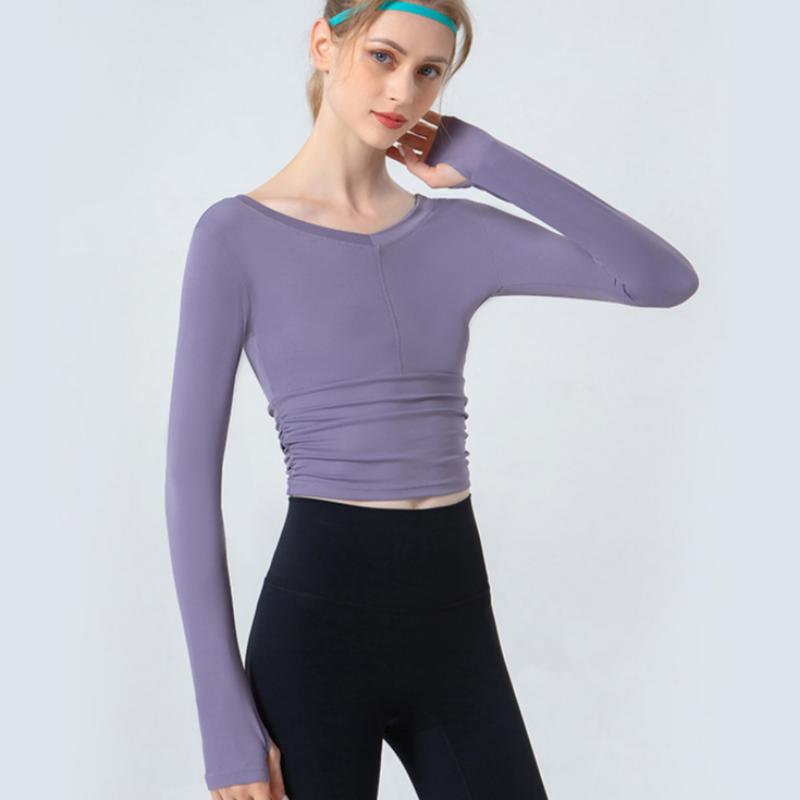 

New Yoga Clothes Long Sleeves Women s V-Neck Pleated Tight Fit Slim Navel-Exposed Top Quick Dry Breathable Fitness Clothes XXL