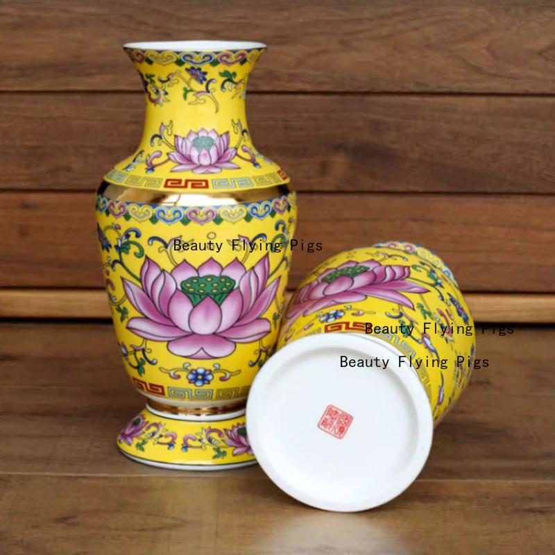 1pc Ceramic Lotus Vase Household Enamel Colored Flower Vase Buddha Hall Vase Temple Sacrificial Decoration Home Decoration
