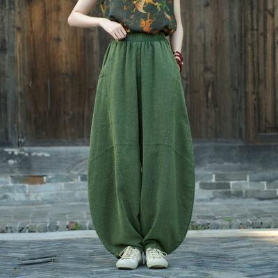 Women Vintage Linen Bloomers Pants Solid Color Patchwork Elastic Waist Spring Trouser Loose Pants
