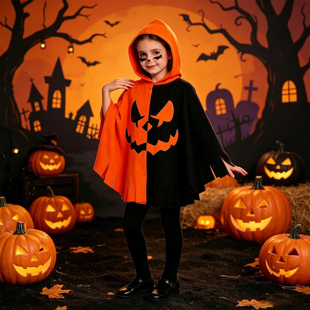 Kids Halloween Hooded Cape Costume Pumpkin Bat Pattern Cloak Lightweight Soft Fabric Spooky Design for Boys Girls Party Dress Up