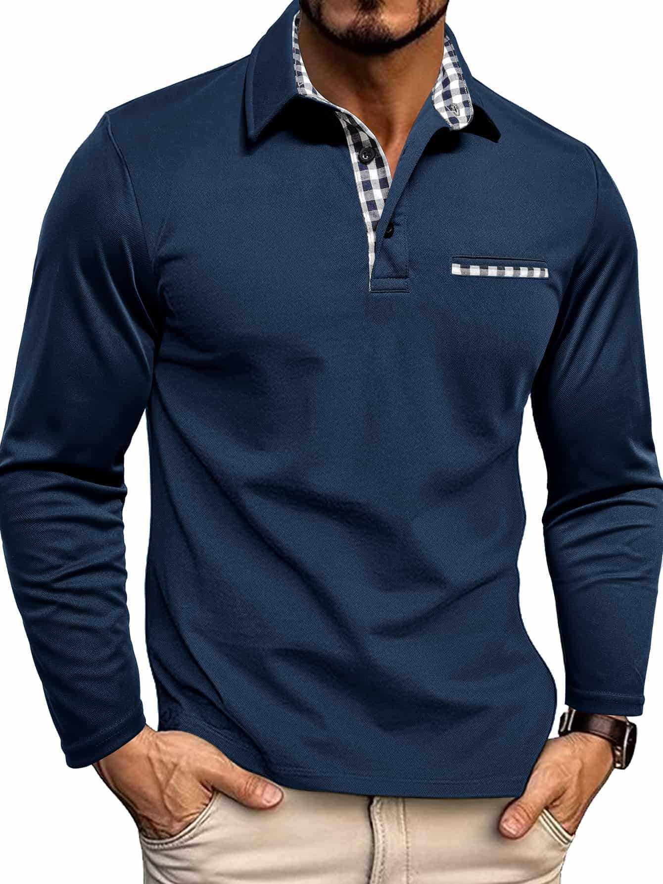 Men s European and American Long Sleeve Polo Shirt with Lapel Large темно-синий