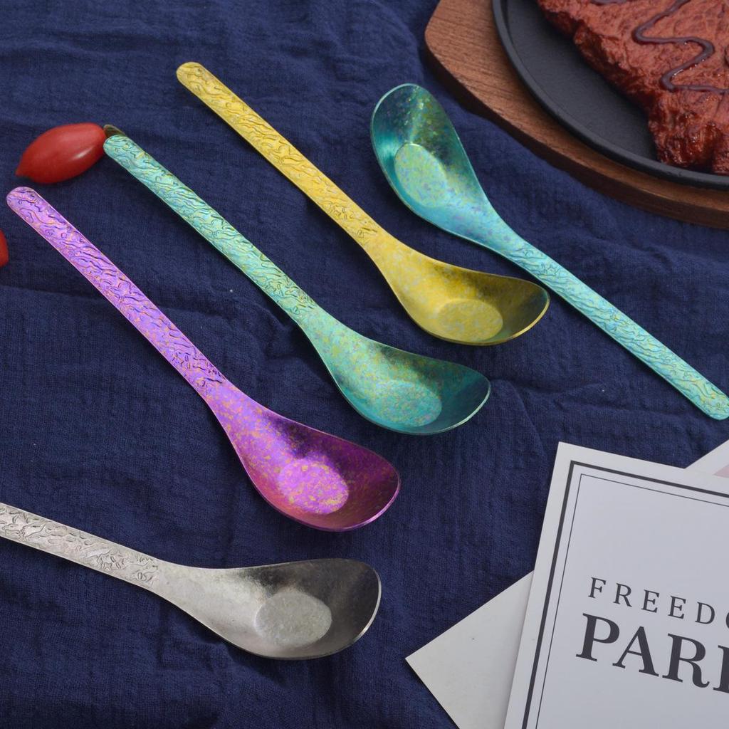 Titanium Hammered Texture Spoons Set - Includes Children's, Deepened Soup, Flat, and Ice Flower Spoons.