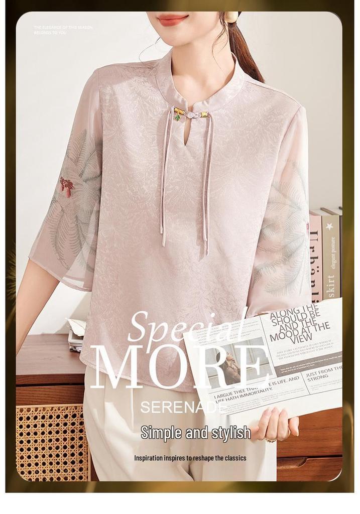 Mom's Stylish Chinese Stand Collar Chiffon Top for Spring/Summer - Seven-Sleeve Blouse for Middle-Aged & Elderly Women