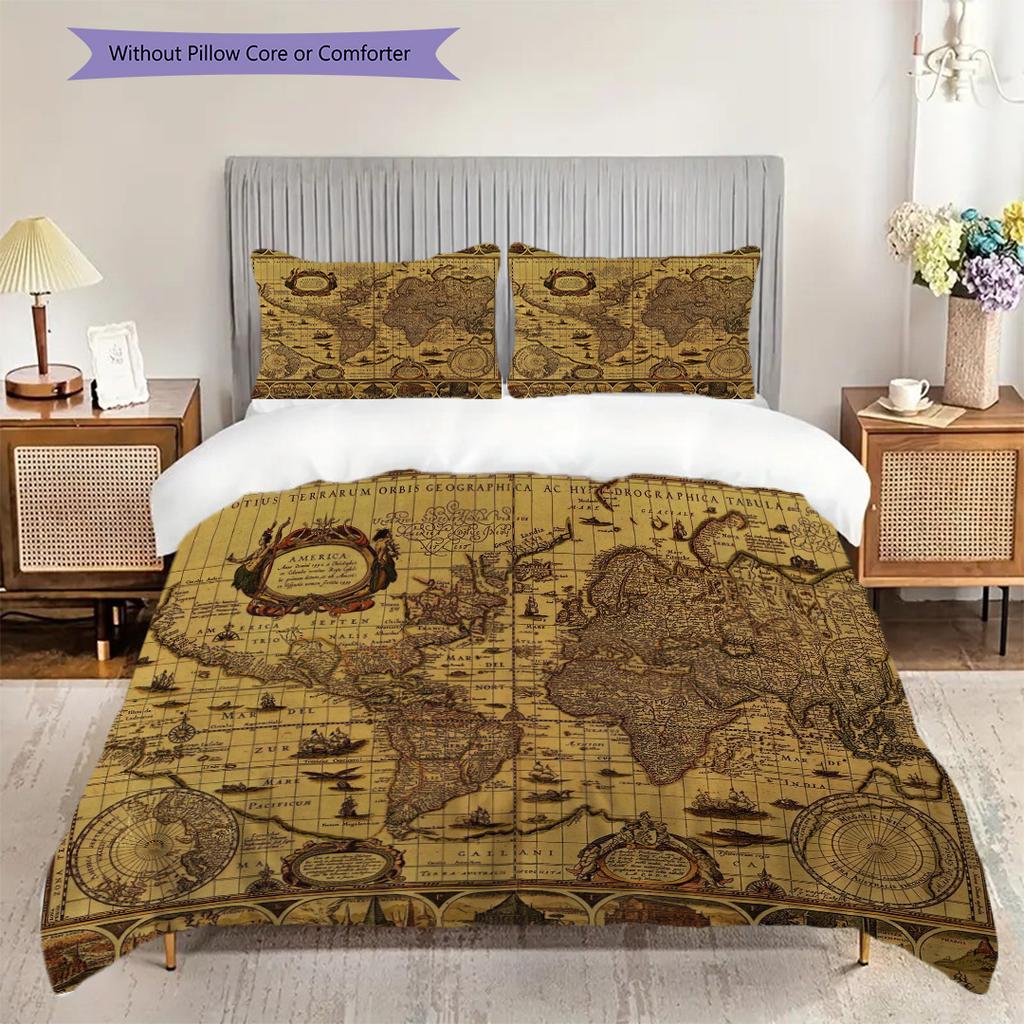 Vintage Maritime Adventure Map Three-piece set (1 * duvet cover + 2 * pillowcase, without core) 2D Flat Duvet cover and pillowcase
