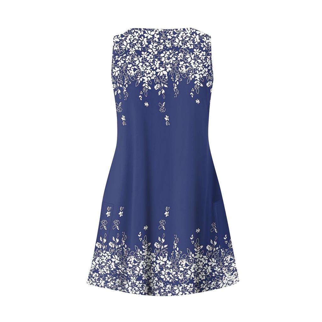 Lässiges Sommerkleid für Damen mit Taschen, Sommer-Boho-Strandkleid, bedruckte Blusen für Damen, T-Shirt-Kleid, V-Ausschnitt, lockere Tank-Kleider