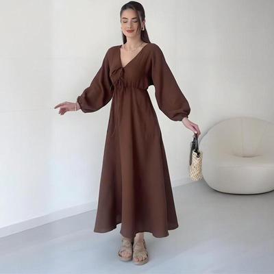 2025 Autumn V-Neck Long Sleeve Double Tie Loose Casual Dress