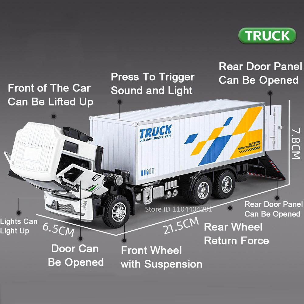 1:32 Container Transport Truck Alloy Car Diecast Toy Model Doors Opened Sound Light Pull Back Vehice Children's Puzzle Toys Gift