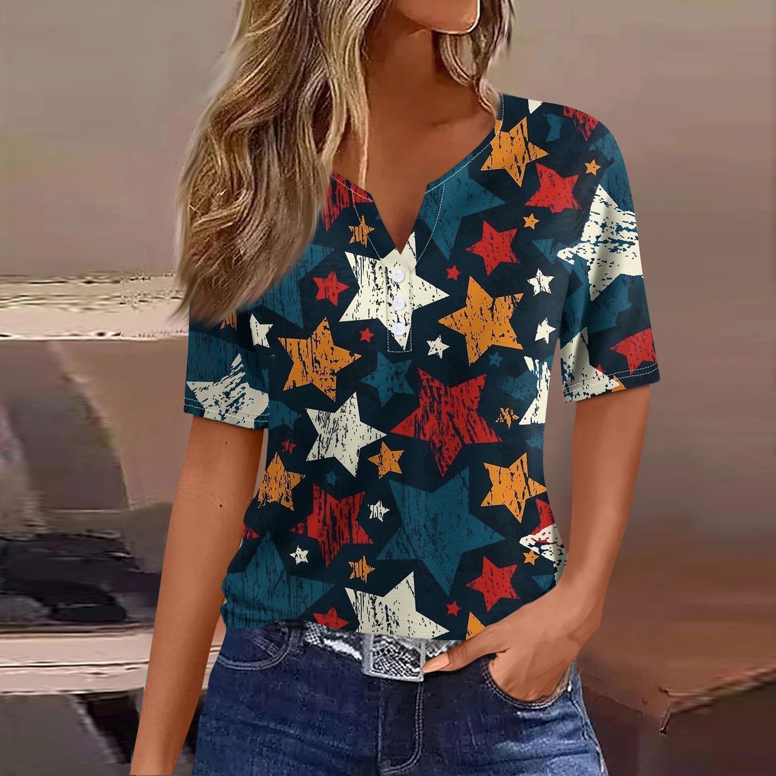 

Жен. Футболка Футболка С принтом Пуговицы С короткими рукавами Повседневные Выходные Мода Классический V-образный вырез Обычный Верх L чёрный