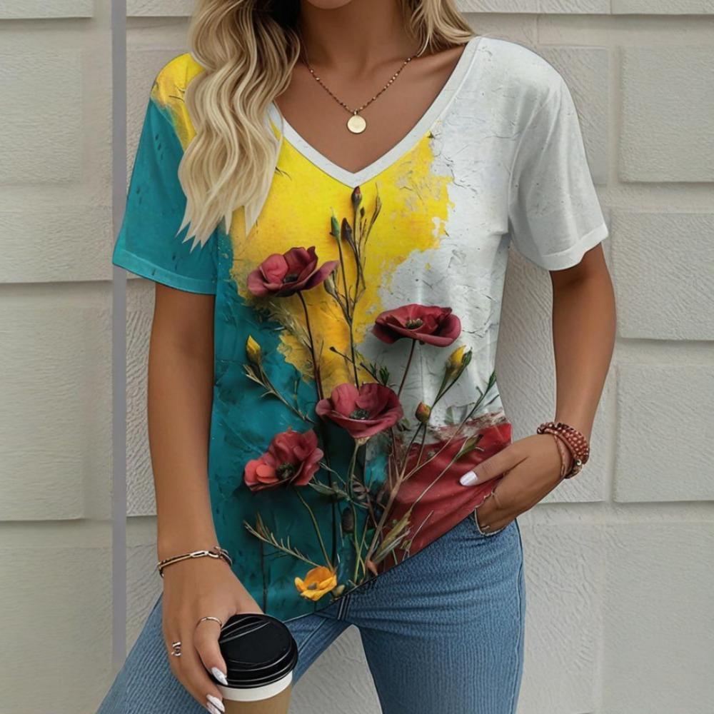 Flower women's V-neck T-shirt, summer outdoor casual short sleeved top, fashionable